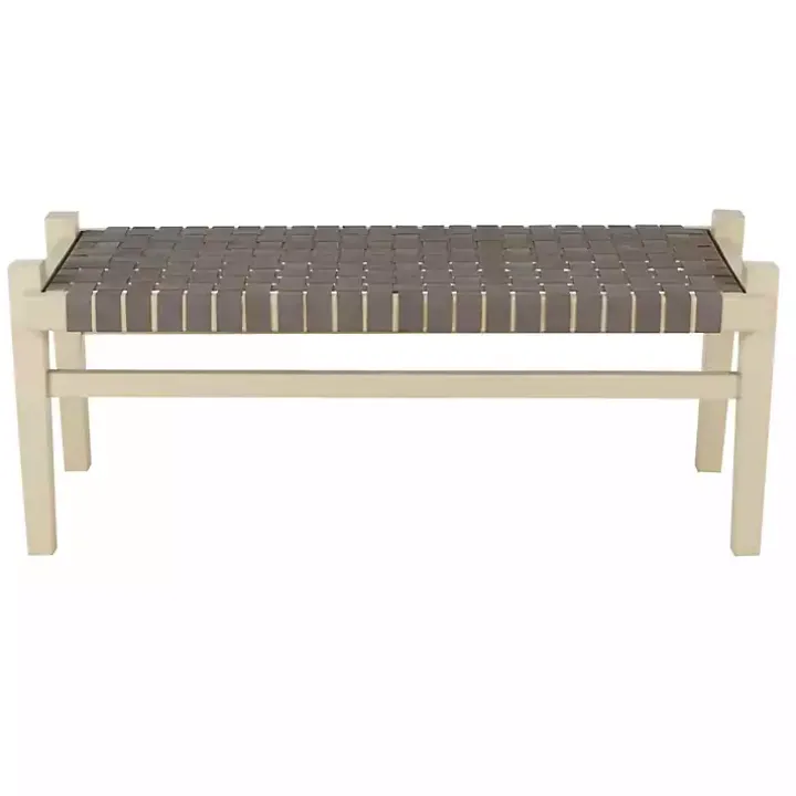 Woven Brown Leather Natural Wood Bench
