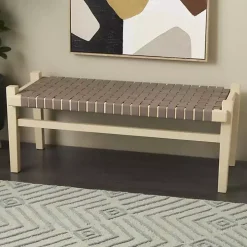 Woven Brown Leather Natural Wood Bench