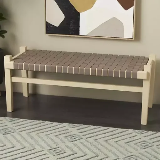 Woven Brown Leather Natural Wood Bench