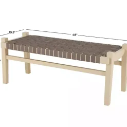 Woven Brown Leather Natural Wood Bench