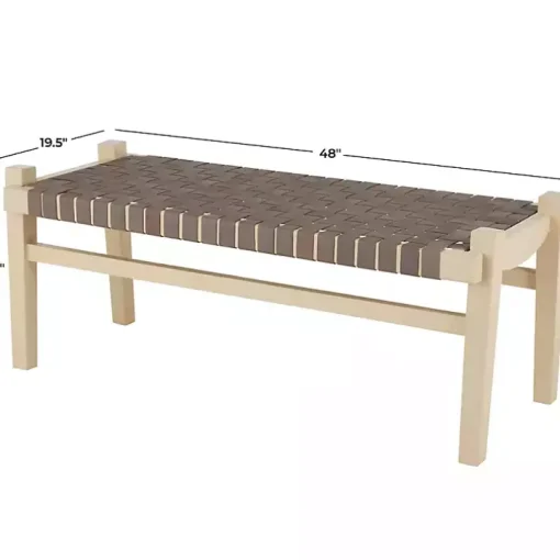 Woven Brown Leather Natural Wood Bench