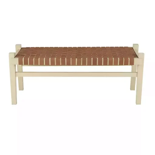 Woven Camel Leather Natural Wood Bench