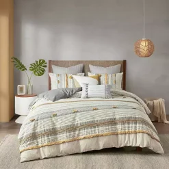 Yellow Striped Pom Pom 3-pc. Full/Queen Duvet Set