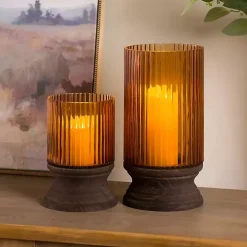 Amber Glass and Wood Hurricane, 8 in.