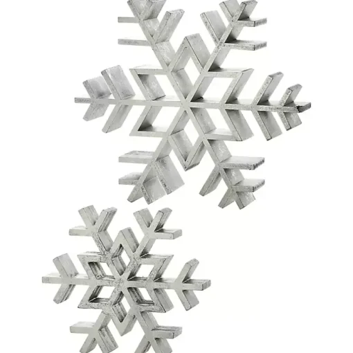 Antique Silver Wooden Snowflakes, Set of 2
