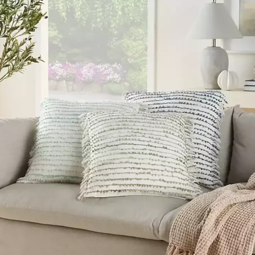 Aqua Handstitched Stripes Throw Pillow