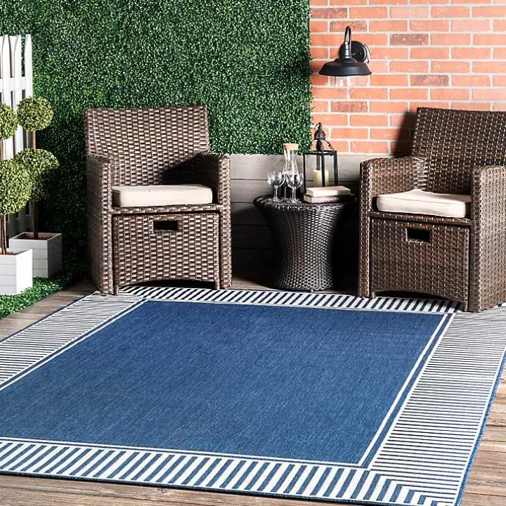 Asia Blue Stripe Border Outdoor Rug, 8x10