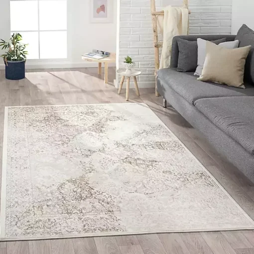 Beige Faded Damask Area Rug, 7x9