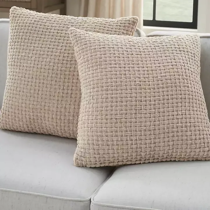 Beige Waffle Knit Chenille Throw Pillows, Set of 2