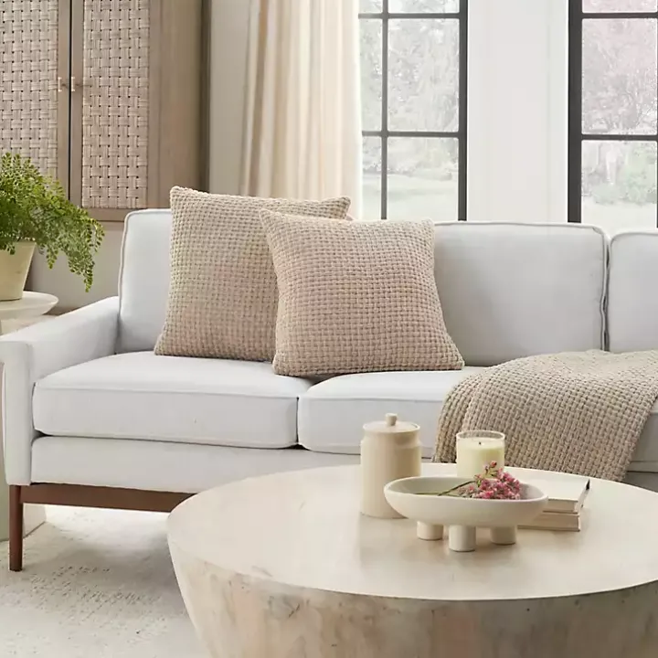 Beige Waffle Knit Chenille Throw Pillows, Set of 2