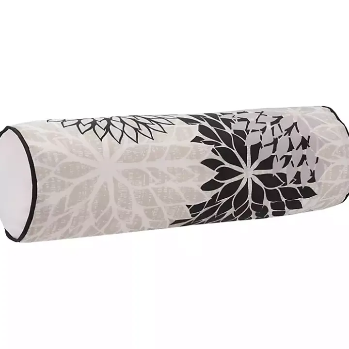 Black and Beige Floral Outdoor Bolster Pillow