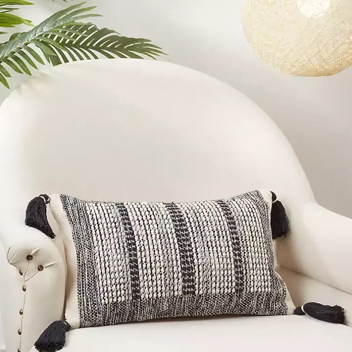 Black and Cream Woven Block Tassel Lumbar Pillow