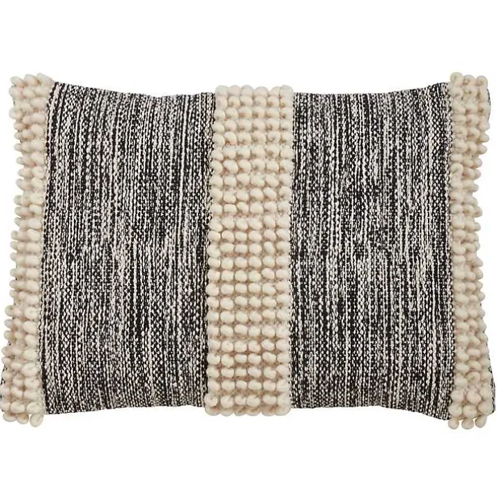Black and Natural Pom Pom Stripe Lumbar Pillow