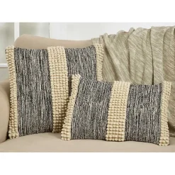 Black and Natural Pom Pom Stripe Lumbar Pillow