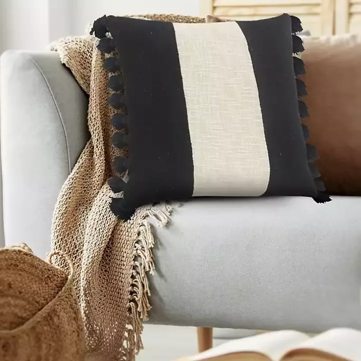 Black and White Cotton Throw Pillow with Tassels