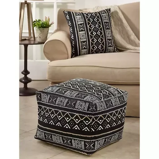 Black and White Mudcloth Cotton Pouf