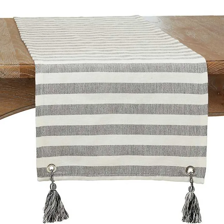 Black and White Rustic Stripe Tassel Table Runner