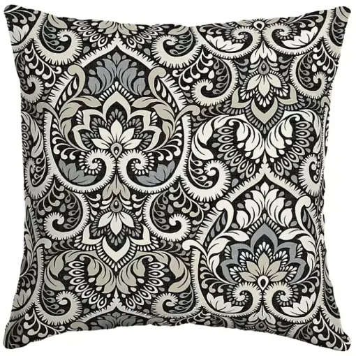 Black Aurora Damask Outdoor Pillow