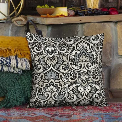 Black Aurora Damask Outdoor Pillow