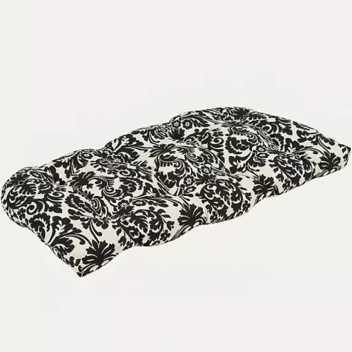 Black Damask Tufted Outdoor Settee Cushion