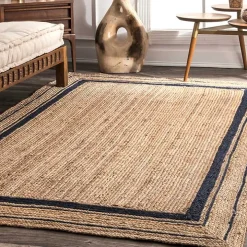 Black Double Border Braided Jute Area Rug, 5x8