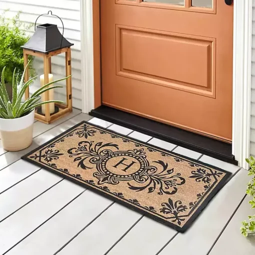 Black Fleur De Lis Monogram H Doormat