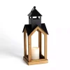 Black Metal & Natural Wood Steeple Lantern, 24 in.