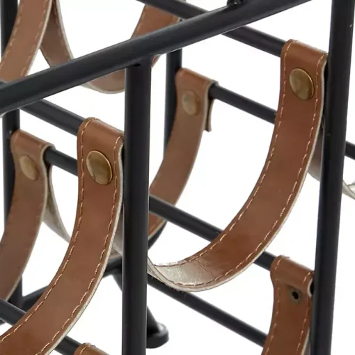 Black Metal and Faux Leather Wine Rack
