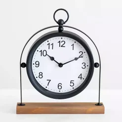 Black Metal Frame with Wood Base Tabletop Clock