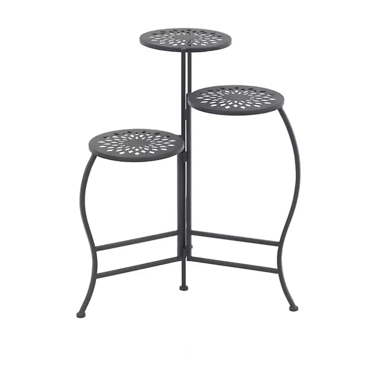 Black Metal Medallion 3-Tier Folding Plant Stand