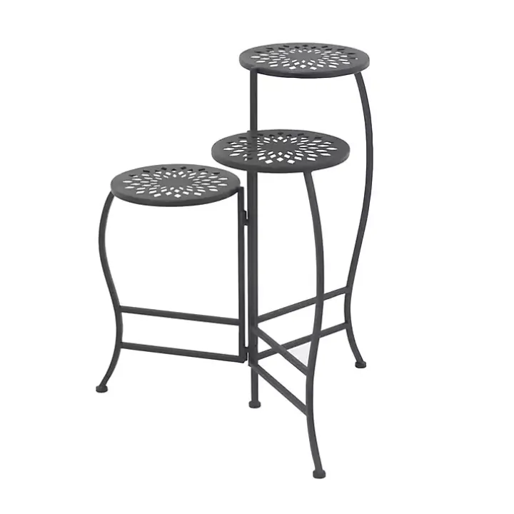 Black Metal Medallion 3-Tier Folding Plant Stand