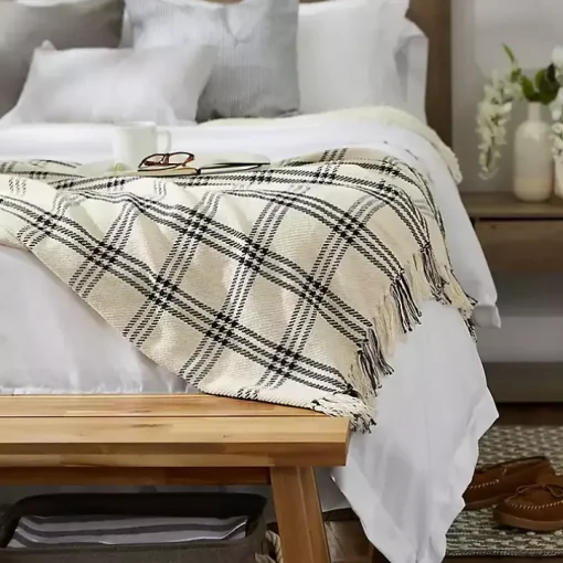 Black Plaid Fringe Throw