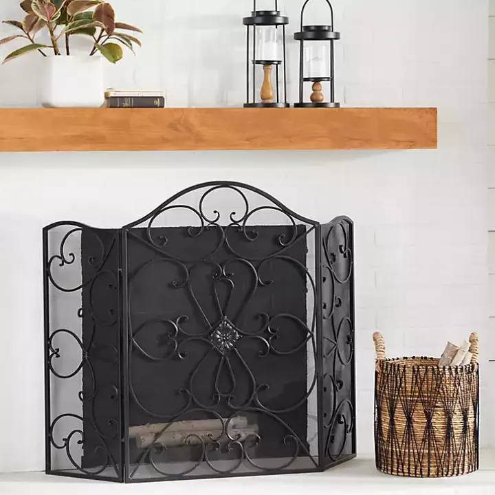 Black Scroll Work Metal Fireplace Screen