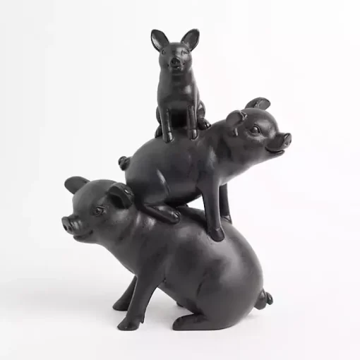 Black Stacked Pigs Figurine