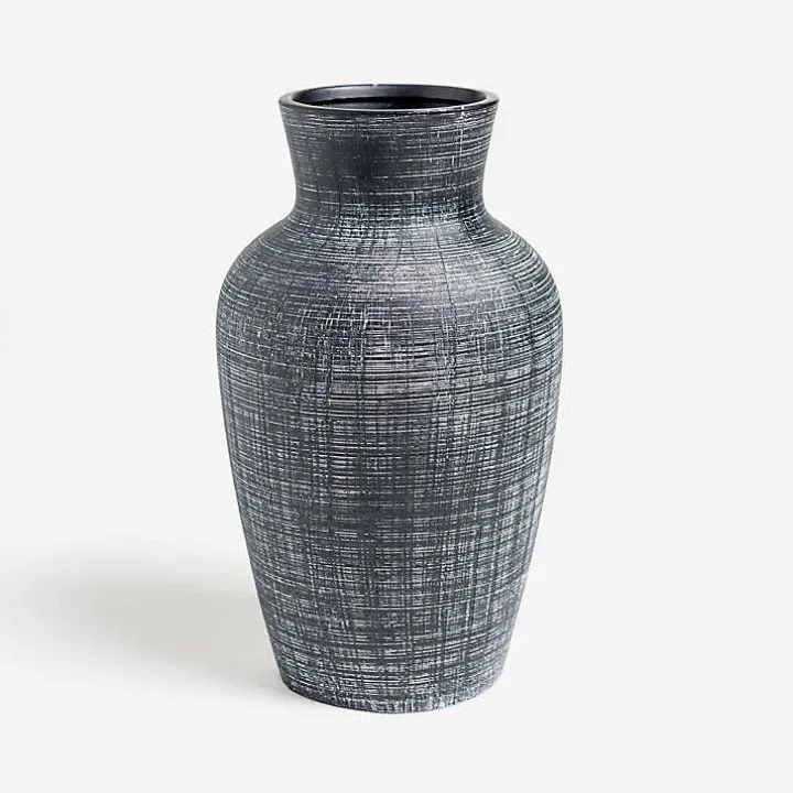 Black Textured Stoneware Vase, 13 in.