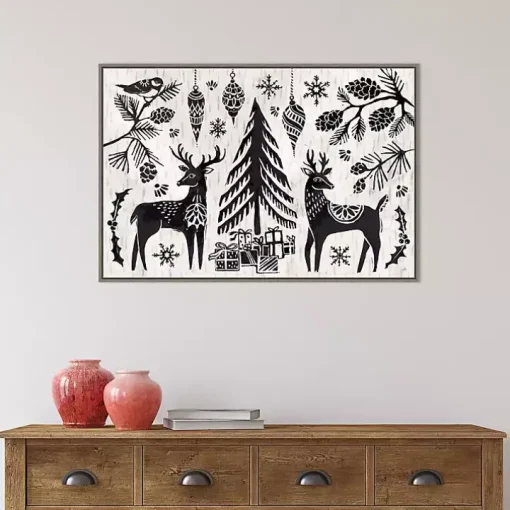 Black White Winter Reindeer Framed Art Print