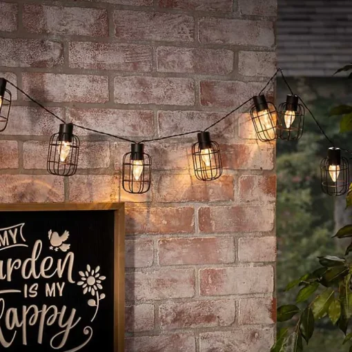 Black Wire Round Cage Solar Outdoor String Lights