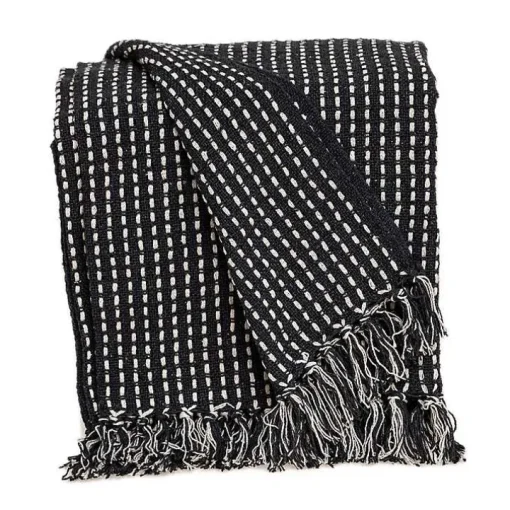 Black Woven Pattern Wool Tassel Throw