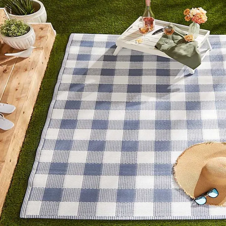 Blue & White Buffalo Check Outdoor Area Rug, 4x6