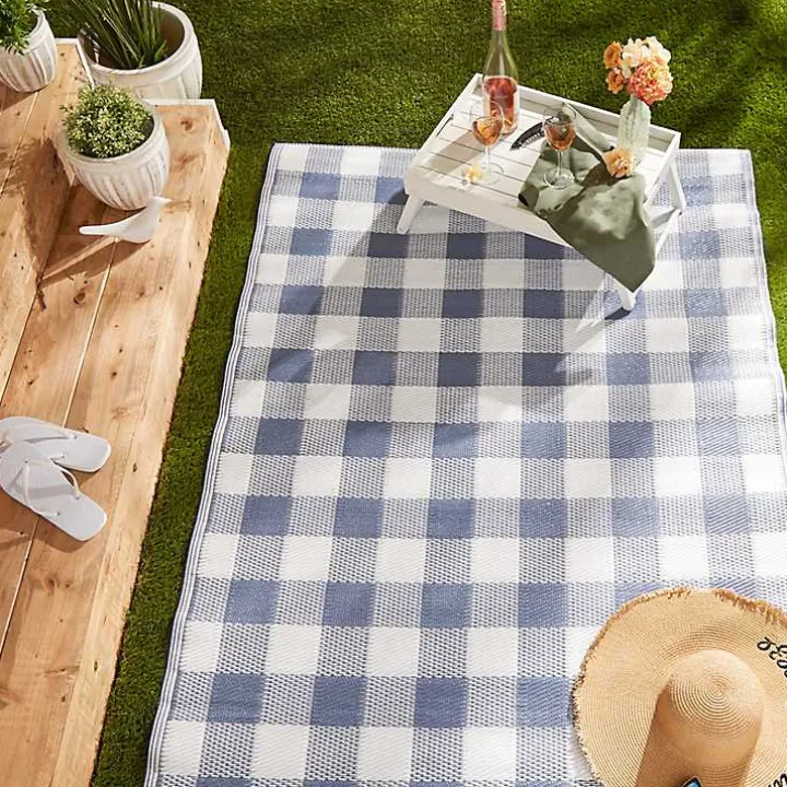 Blue & White Buffalo Check Outdoor Area Rug, 4x6