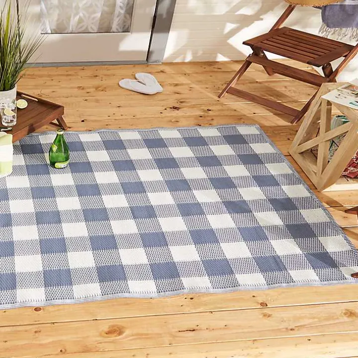 Blue & White Buffalo Check Outdoor Area Rug, 4x6