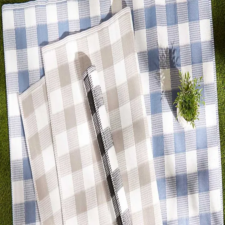 Blue & White Buffalo Check Outdoor Area Rug, 4x6