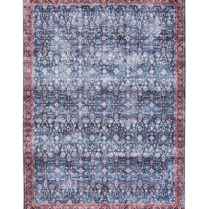 Blue and Brick Floral Washable Area Rug, 5x7