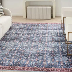 Blue and Brick Floral Washable Area Rug, 5x7