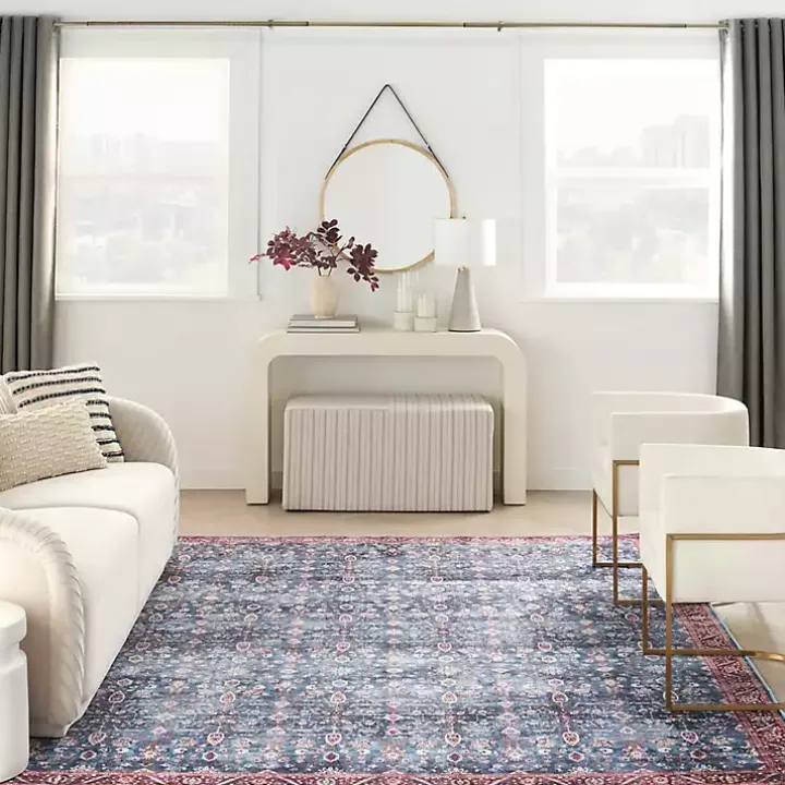 Blue and Brick Floral Washable Area Rug, 5x7