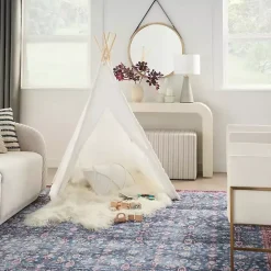 Blue and Brick Floral Washable Area Rug, 5x7