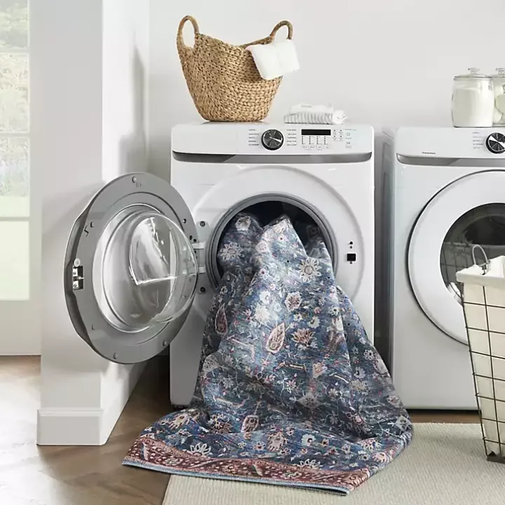 Blue and Brick Floral Washable Area Rug, 5x7