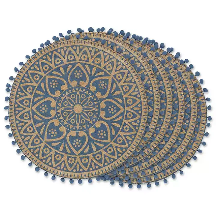 Blue and Natural Print Round Placemats, Set of 6
