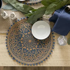 Blue and Natural Print Round Placemats, Set of 6