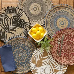 Blue and Natural Print Round Placemats, Set of 6